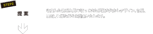 STEP2 提案 収集した情報と長年培ってきた経験を生かしデザイン、色相、素材、仕様などをご提案いたします。