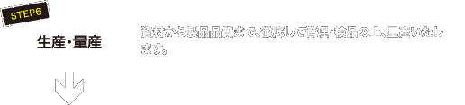 STEP6 資材から製品品質まで、徹底して管理・検品の上、量産いたします。